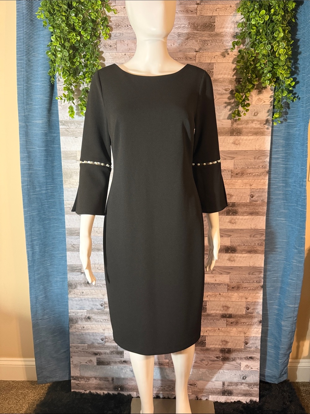 Calvin Klein Black Pearl-Accent Bell Sleeve Sheath Dress